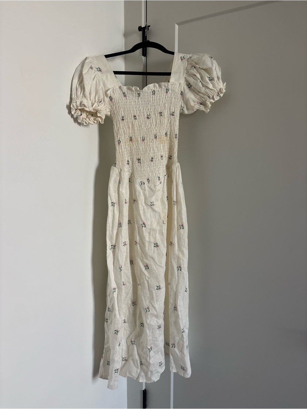 Sleeper Cream Floral Smocked Midi Dress with Puff Sleeves